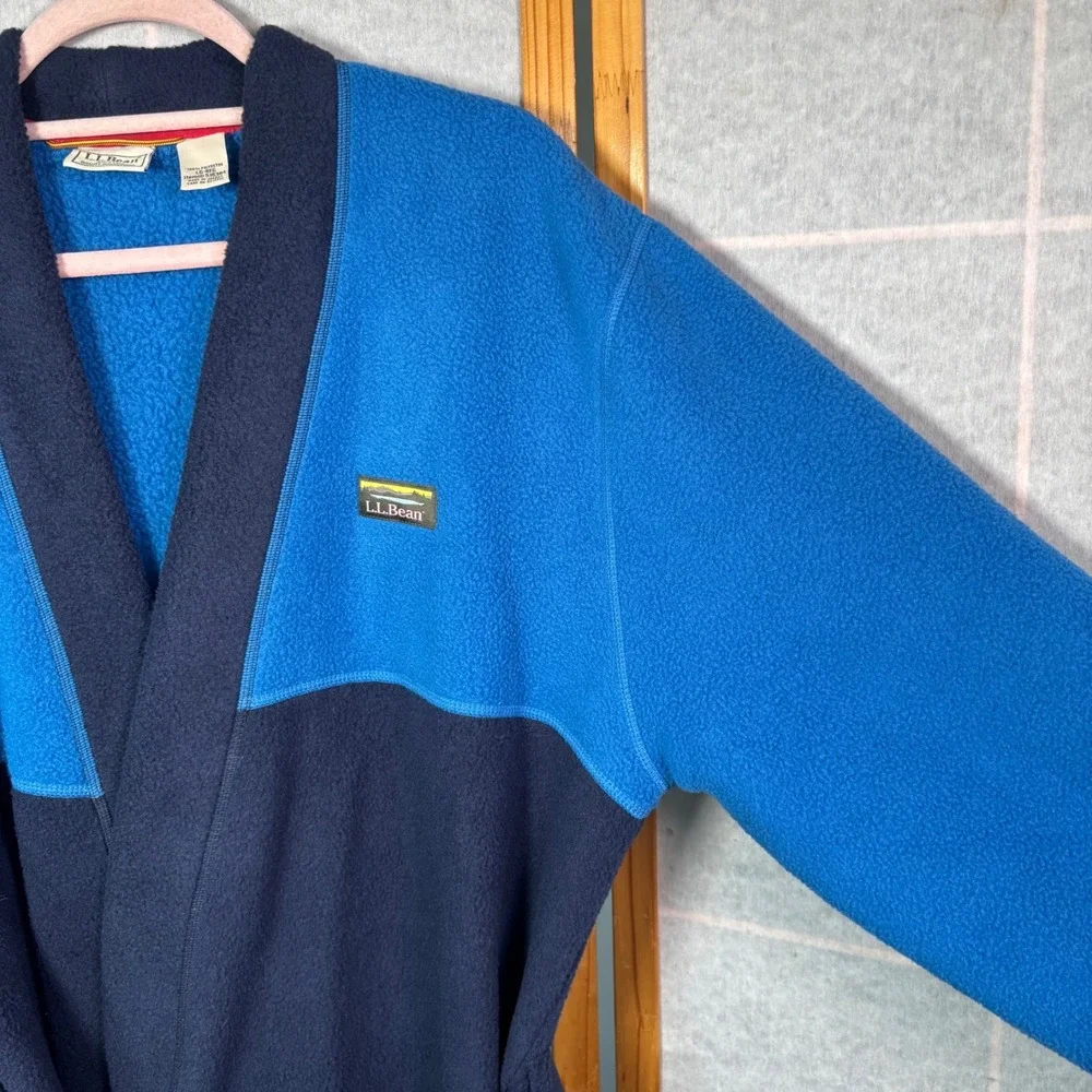 LL Bean Fleece Robe Men Large Blue Colorblock Belted Loungewear